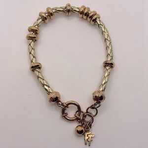 Folli Follie Metallic Gold Braided Leather Bracelet Gold Tone Beads 7.5” - 8.5”